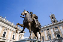 Bronze statue of Marcus Aurelius in the Piazza del Campidoglio on the Capitol with Palazzo Nuovo part of the Capitoline Museum on the left and Palazzo Senatorio now the City Hall on the rightEuropean...