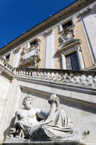 Palazzo Senatorio on the Capitol with a staircase by Michelangelo and a statue representing the River Tiber from Hadrians baths on the QuirinalEuropean Italia Italian Roma Southern Europe Gray Histor...