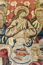 Vatican City Museum Detail of a 16th Century Flemish tapestry of the Last Supper from cartoons by Raphael showing the central figure of Jesus ChristEuropean Italia Italian Roma Southern Europe Cathol...