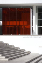 The steps leading to the building hosuing the Ara Pacis or Altar of Peace built by Emperor Augustus to celebrate peace in the Mediteranean. The red prespex cube is part of a Valentino fashion exhibiti...
