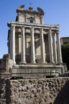 The Baroque facade of the church of San Lorenzo in Miranda built on the Temple of Antoninus and Faustina in the ForumEuropean Italia Italian Roma Southern Europe History Religion Religious