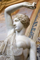 Vatican City Museum Marble statue of a semi naked woman with one arm raised in the Room of The Busts of the Belvedere PalaceEuropean Italia Italian Roma Southern Europe 1 Catholic Principality Citta...
