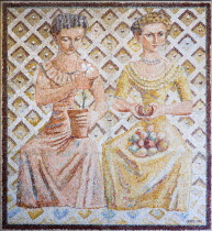 Vatican City Museum Mosaic of two seated women by Campigli dated 1940European Italia Italian Roma Southern Europe 2 Catholic Principality Citta del Vaticano Female Woman Girl Lady Learning Lessons Pa...