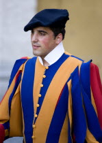 Vatican City Portrait of a Swiss Guard in full ceremonial unifrom dressEuropean Italia Italian Roma Southern Europe Catholic Principality Citta del Vaticano One individual Solo Lone Solitary Papal Re...