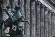 Bronze equestrian statue entitled The Lion Fighter by Albert Wolf in 1847 outside colonnaded facade of the Altes Museum designed by Karl Friedrich Schinkel.Neo-classicalRauch SchoolOld Museum Deuts...