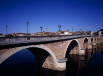 Bergerac. View along old bridge crossing River Dorgogne from south with town beyond.European Scenic French Western Europe Southern