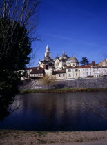 Cathedral of St Front which was restored in the 19th Century dominates the skyline above the medieval quarter seen across River Isle.European Scenic French Western Europe