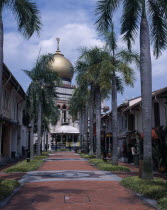 Road lined with palm trees leading to the Sultan Mosque with large gold dome. North Bridge Road.Masjid SultanAsian Singaporean Singapura Southeast Asia Xinjiapo Northern Religious Religion
