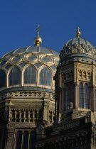 Neue Synagogue. Part view of exterior facade and domes of building restored in the mid 1980s.  Original building was built 1859-66  damaged by allied bombing and finally demolished by the communist E...