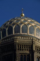 Neue Synagogue.  Part view of exterior facade and dome of building restored in the mid 1980s.  Original building was built 1859-66  damaged by allied bombing and finally demolished by the communist E...