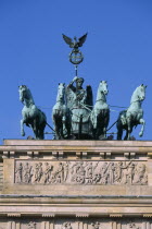 The Brandenburg Gate.  The Quadriga on top of the gate.  Chariot drawn by four horses driven by Victoria  Roman goddess of victory.4 Deutschland Equestrian European Religion Religion Religious Judaism Jew Jews Western Europe