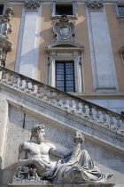 Facade of Palazzo Senatorio  now the City Hall  in the Piazza del Campidoglio with a statue representing the River Tiber remodelled from a statue representing the River Tigris from Emperor Constantine...