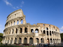 The Colosseum amphitheatre exterior built by Emperor Vespasian in AD 80 in the grounds of Domus Aurea the home of Emperor Nero with tourists outsideEuropean Italia Italian Roma Southern Europe Histor...