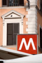 Red and white metro underground sign in Ottaviano stationEuropean Italia Italian Roma Southern Europe Roundel