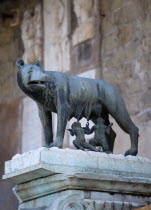 Bronze statue on the Capitol of Romulus and Remus feeding from the She WolfEuropean Italia Italian Roma Southern Europe Gray History Kids Religion