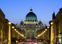 Vatican City The Basilica of St Peter and the Via della Conciliazione busy with traffic illuminated at nightEuropean Italia Italian Roma Southern Europe Catholic Principality Citta del Vaticano Histo...
