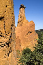 Cheminee de Fee or Fairy Chimneys.  Typical view of eroded  ochre rock pinnacle whence name originated in area known as Colorado Provencal. Ochre Trail European French Western Europe