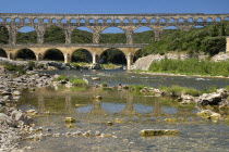 Pont du Gard.  Ancient Roman aqueduct  view from east.Bridge arch European French Western Europe History