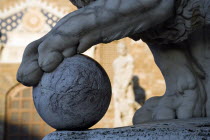 The 1533 statue of Hercules and Cacus by Bandinelli seen through the legs of a stone lion outside the Palazzo Vecchio in the Piazza della SignoriaEuropean Italia Italian Southern Europe Toscana Tusca...