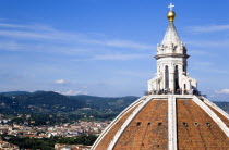 The Dome of the Cathedral of Santa Maria del Fiore the Duomo by Brunelleschi with tourists on the viewing platform looking over the city towards the surrounding hillsEuropean Italia Italian Southern...