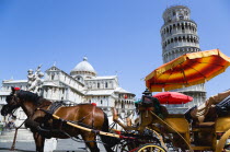 The Campo dei Miracoli or Field of Miracles. The Duomo Cathedral and Leaning Tower or Torre Pendente belltower under a blue sky with a horse drawn carriage for tourist rides in the foregroundEuropean...