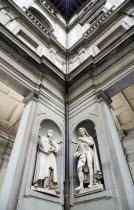 Statues of Galileo Galilei and Pier Antonio Micheli in a corner of the Vasari corridor of the UffiziEuropean Italia Italian Southern Europe Toscana Tuscan Cultural Cultures Firenze Gray History Order...