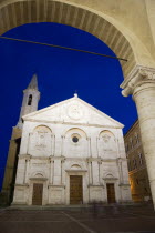 Val D Orcia The Duomo in Piazza Pio II illuminated at night. Built in 1459 by the architect Rossellino for Pope Pius IIEuropean Italia Italian Southern Europe Toscana Tuscan History Nite Religion Rel...