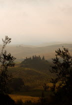 The Belvedere Building set on a hilltop above olive groves in Val DOrcia at sunrise on a misty morningEuropean Italia Italian Southern Europe Toscana Tuscan Farming Agraian Agricultural Growing Husba...