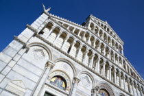 The Campo dei Miracoli or Field of Miracles.The Lombard style 12th Century facade of the Duomo Cathedral under a blue skyEuropean Italia Italian Southern Europe Toscana Tuscan History Religion Religi...