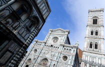 The Neo-Gothic marble west facade of the Cathedral of Santa Maria del Fiore and Giottos campanile belltowerEuropean Italia Italian Southern Europe Toscana Tuscan Firenze History Religion Religious