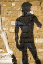 Shadow of the copy of the statue of David by Michelangelo in the Piazza della Signoria cast on the wall of the Palazzo VecchioEuropean Italia Italian Southern Europe Toscana Tuscan Firenze History Re...