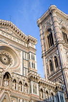 The Neo-Gothic marble west facade of the Cathedral of Santa Maria del Fiore and Giottos campanile belltower at sunsetEuropean Italia Italian Southern Europe Toscana Tuscan Firenze History Religion Re...