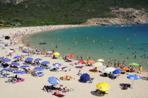 Plage Darone  sandy beach with umbrellas & bathers & clear waterBeaches Oporto Resort Seaside Shore Tourism French Western Europe European Sand Sandy Beach Tourism Seaside Shore Tourist Tourists Vaca...