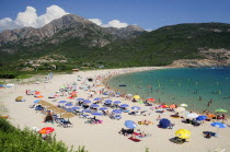 Plage Darone  sandy beach with umbrellas & bathers & clear waterwide angle Beaches Oporto Resort Seaside Shore Tourism French Western Europe European Sand Sandy Beach Tourism Seaside Shore Tourist To...