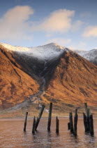 Disused jetty with snowy mountains  Ben Starav portrait Alba Great Britain Northern Europe UK United Kingdom British Isles European  portrait Alba Great Britain Northern Europe UK United Kingdom Bri...