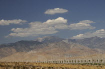 Windmills & mountains of Morongo Valley  San Gorgonio Pass  Palm Springs. Wind turbine electricty generators.JTPS American Destination Destinations North America Northern United States of America Eco...