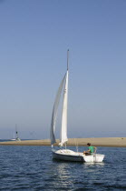 Yacht in the harbour  Santa BarbaraSanta Barbara American Destination Destinations North America Northern United States of America One individual Solo Lone Solitary The Golden State