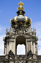 The Crown Gate or Kronentor of the restored Baroque Zwinger Palace originally built between 1710 and 1732 after a design by Matthus Daniel Pppelmann in collaboration with sculptor Balthasar Permoser....