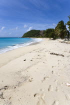 South Glossy Beach in Glossy bay with footprints in the sand and waves breaking on the shore.Beaches Caribbean Destination Destinations Resort Sand Sandy Scenic Seaside Shore Tourism West Indies Wind...