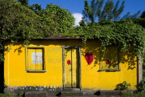 An overgrown yellow single storey building with the red heart symbol of the NDC National Democrtaic Congress political party painted on its wall.Caribbean Destination Destinations Grenadian Greneda W...