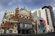 Great Victoria Street  Exterior of the Grand Opera House with its modern new Extension next to the new Fitzwilliam 5 star hotel.NorthernArchitectureUrbanBeal FeirsteFacadeOutsideTheatreTheateN...