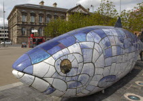 Donegall Quay  The Big Fish Sculpture by John Kindness. The scales of the fish are pieces of printed blue tiles with details of Belfasts history. The 10 metre long structure is situated beside the Lag...