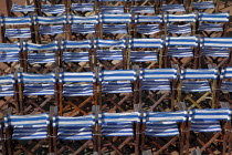 Details of blue and white deck chairs at the band stand.European Great Britain Northern Europe UK United Kingdom British Isles