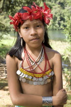 Native Embera Indian girl in traditional dress.American Central America Classic Classical Hispanic Historical Immature Latin America Latino Older One individual Solo Lone Solitary Panamanian