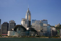 Wan Chai. View of award winning Hong Kong Convention and Exhibition Centre and skyscrapers behind it  shoot from Kowloon side.BuildingTallStructureArchitectureDesignDecoModernApartmentsShape...