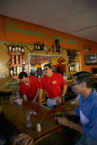 Valladolid / Calle 37. Barmen behind bar at a traditional Mexican saloon is posing with style wearing sunglasses while another barman behind him is working.VacationHolidaysTravelExoticFolkloreCu...