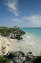 Tulum. Templo del Dios del Viento built on clifftop over looking the Caribbean ocean.MayanToltecHistorySunVacationHolidaysTravelArcheologyHistoricalReligionBuildingStructureArchitectureA...