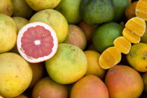 Tulum. Detail of Oranges  Lemons  Mandarines and Grapefruit in fruit vendors shop.FRUITSHEALTHYJUICYCOLOURDIETMEXICAN FRUITSJUICENATURALENVIRONMENTALNON GENETICALLY MODIFIEDNON GENETIKALY M...