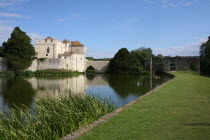 Leeds Castle with moat and bridge.Maidstone  Leeds Castle  Kent  River Len  English  UK  England  Great Britain  British  castles  beautiful  scenic  scenery  picturesque  Norman  strong hold  Europe...