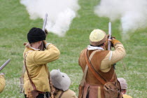 Musketeers at the reenactment of the battle of Faringdon in the English Civil war.English  civil war  British  UK  Musketeers  rifleman  Musket  Faringdon  reenactment  men  foot  soldiers   royalist...